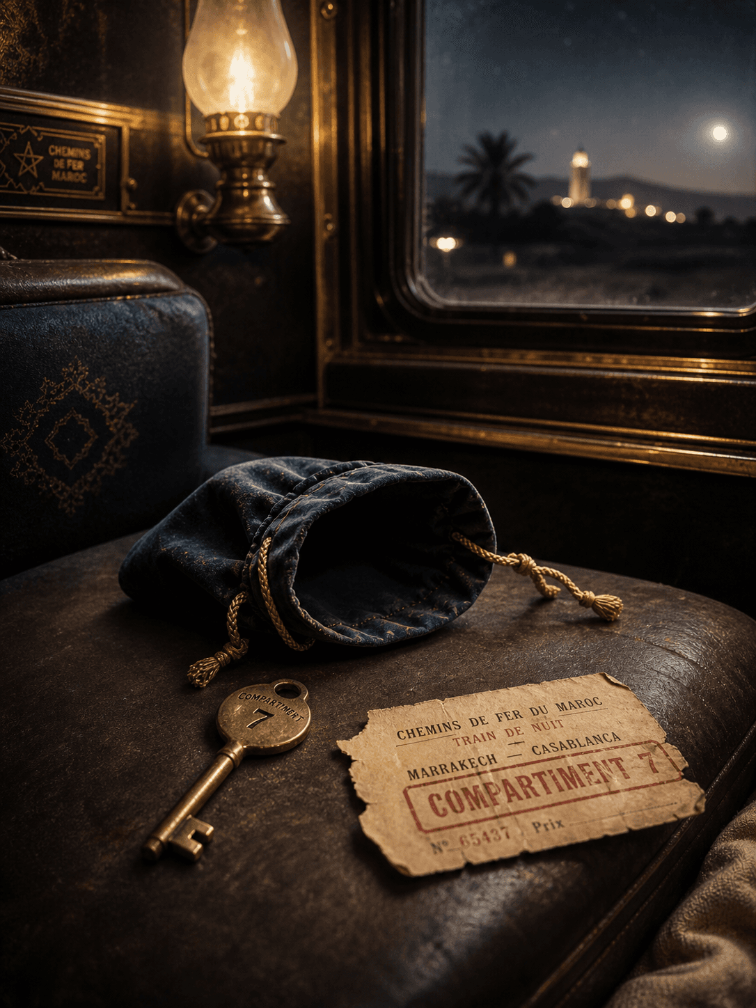 Portada de El Último Tren de Marrakech — bolsa de terciopelo y ventana del tren