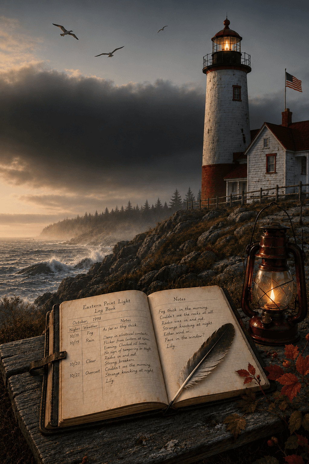 The Lighthouse Keeper's Ghost cover — lighthouse against a late autumn sky