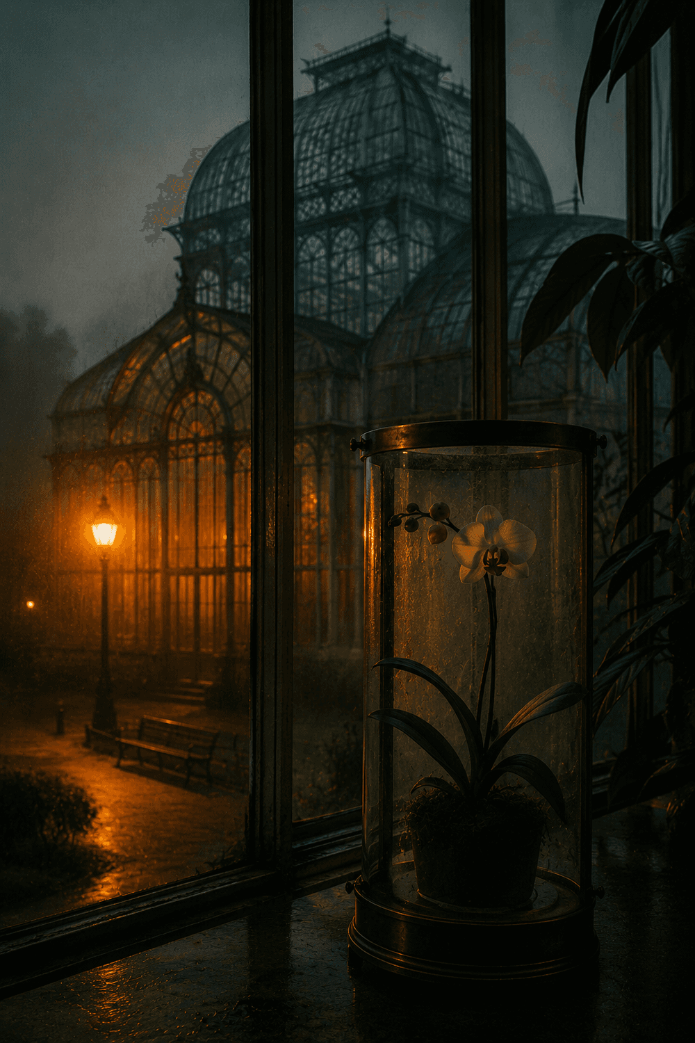Portada de El Invernadero de Kew — cristales empañados y una sola orquídea